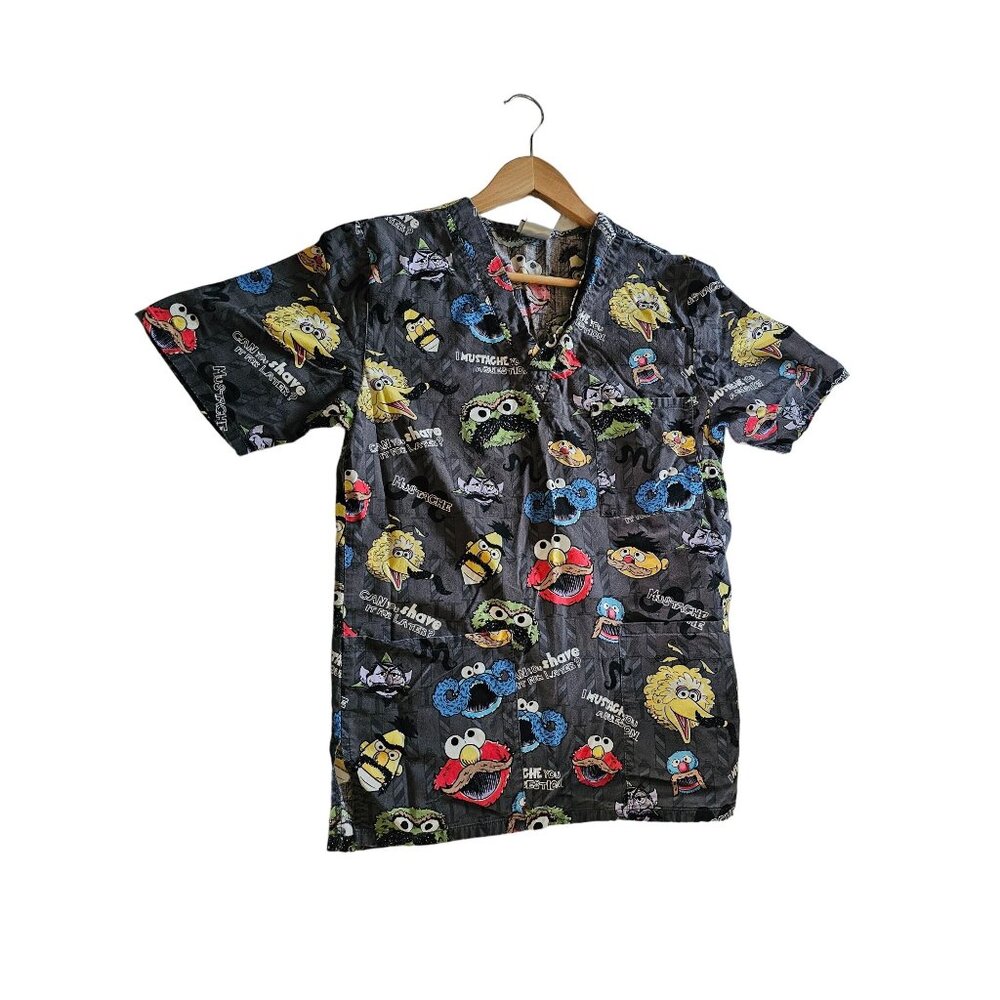Licensed Sesame Street Character Print Scrub Top With Mustache Theme Kidcore